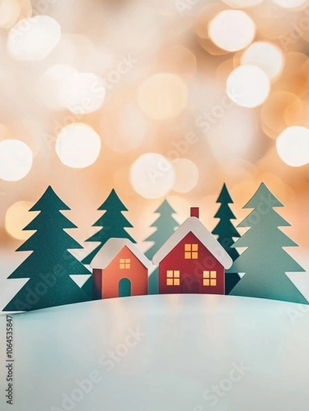 Fototapeta Christmas Pop-up Card with Snowy Village Scene and Warm Glow