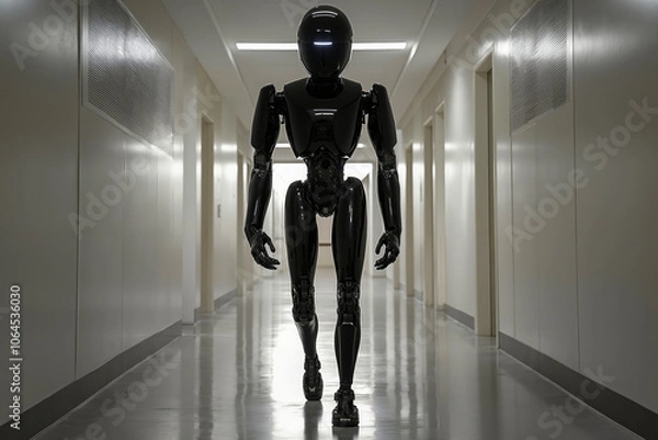 Fototapeta A robotic figure stands in a hallway with a reflective floor