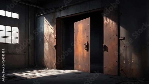 Fototapeta Rusted metal door slightly ajar in an abandoned factory, revealing a dark room beyond, filled with eerie shadows and an unsettling quiet.