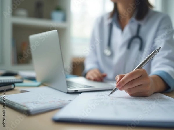 Fototapeta Healthcare Professional Working at a Desk With a Laptop and Paperwork During a Consultation in a Modern Medical Office