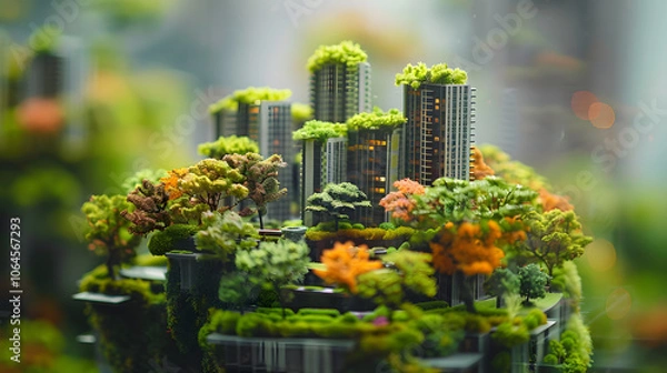 Fototapeta miniature model of a green city with trees and plants