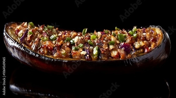 Fototapeta Stuffed eggplant with meat and vegetables, close up.