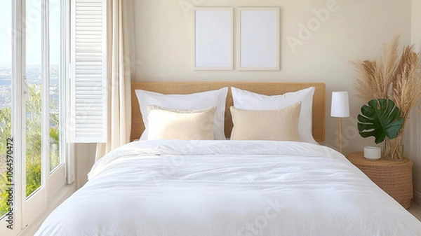 Fototapeta serene bedroom with cozy bed, soft textures, and natural light
