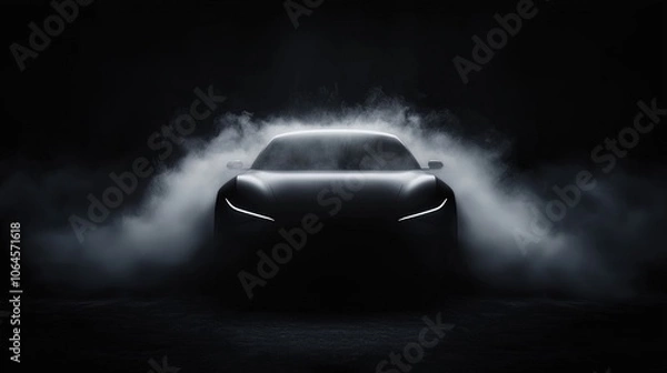 Fototapeta Mysterious Car Silhouette Emerging from Dark Fog in Dramatic Lighting