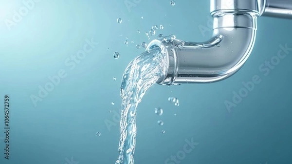 Fototapeta Sparkling Water Flowing from a Polished Metal Pipe in Close-Up