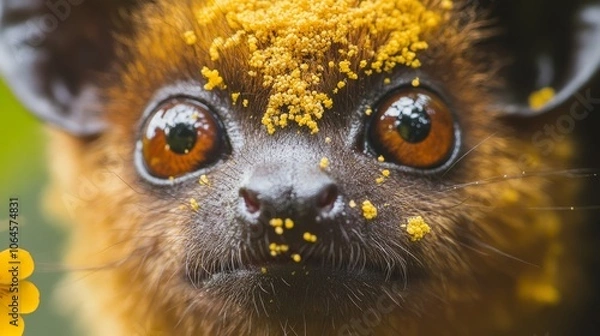 Obraz A close-up portrait of a lemur with yellow pollen covering its fur. The lemur's large, round eyes are focused on the camera.