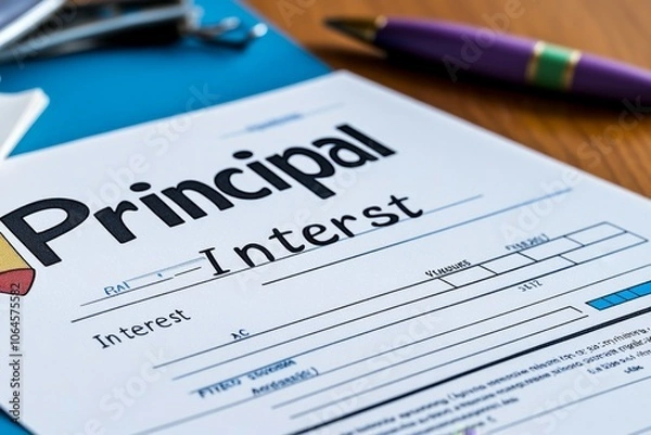 Fototapeta Loan document with key terms highlighted, showing â€œPrincipalâ€ and â€œInterestâ€ columns clearly labeled, capturing the essence of amortization