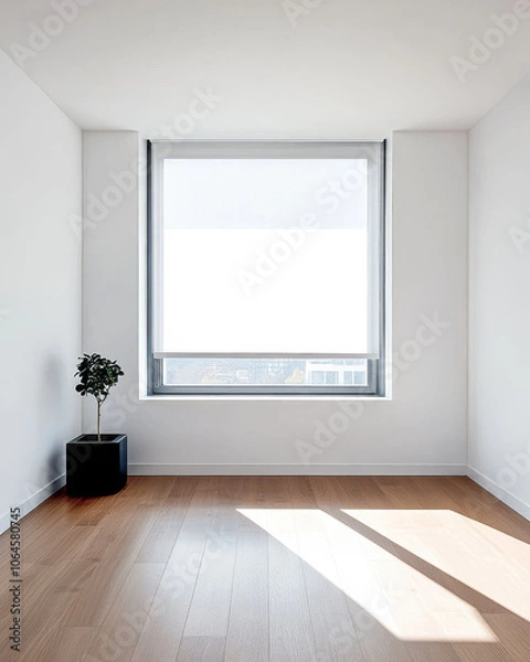 Fototapeta Bright, minimalist interior of a modern room with a large window and a potted plant