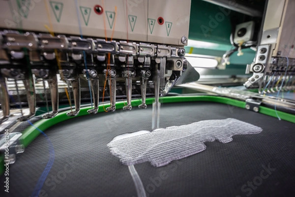 Fototapeta Embroidery student school name tag in Textile Industry at Garment Manufacturers Kota Kinabalu, Sabah, Malaysia.(selective focus and soft focus)