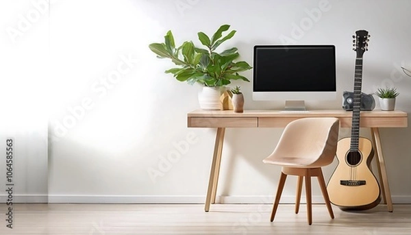 Fototapeta Minimalist Workspace with Computer, Plants, and Acoustic Guitar in Modern Decor