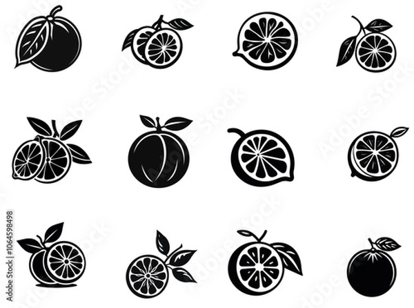 Fototapeta Collection of citrus slices - orange, lemon, lime and grapefruit, icons set, black isolated on white background, vector illustration.
