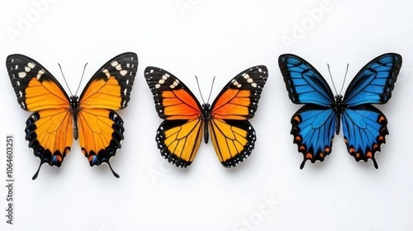 Fototapeta A photostock of colorful butterflies on a white background, vibrant and close-up.
