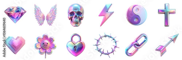 Fototapeta Y2K inspired holographic icons isolated on transparent background. Diamond, wings, skull, lightning, yin-yang, cross, heart lock, chain link, barbed wire, and arrow 90s 3D elements in png collection