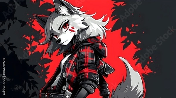 Fototapeta Determined Wolf Girl in Plaid and Leather with Neon Red Accents in Shadowed Digital