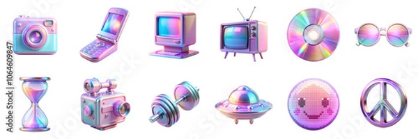 Fototapeta Y2K style holographic icons isolated on transparent background. Retro camera, flip phone, computer, TV, CD, sunglasses, barbell, hourglass, UFO, smiling face, peace 90s 3D elements in png collection