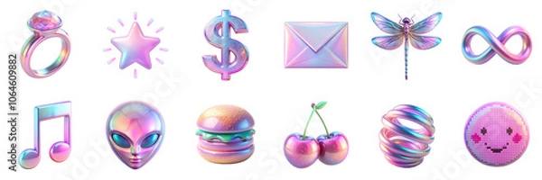 Fototapeta Y2K themed holographic icons isolated on transparent background. Ring, star, dollar sign, envelope, dragonfly, infinity symbol, music note, alien face, burger 90s 3D elements in png collection