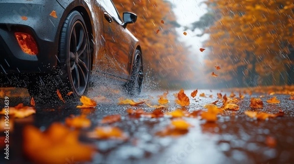 Fototapeta Close-up of a Car Driving on Wet Autumn Road with Falling Leaves, Capturing Motion and Seasonal Rainfall in a Dynamic Nature Setting with Vibrant Orange and Dark Gray Color Palette