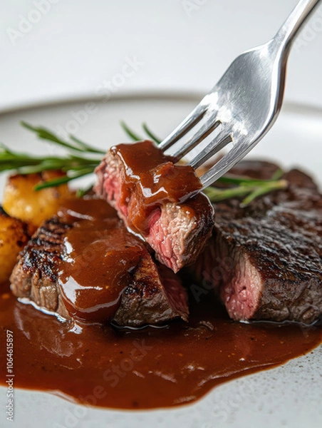 Fototapeta A close-up of a perfectly cooked steak with sauce, garnished with herbs and accompanied by sides.