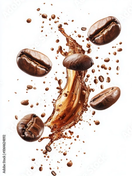 Fototapeta A dynamic splash of coffee with floating coffee beans, highlighting the essence of coffee.