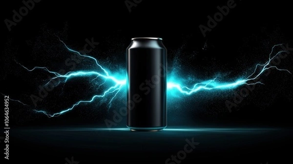 Fototapeta A striking black can is illuminated by vibrant blue lightning effects against a dark background, creating a dramatic and energetic visual.