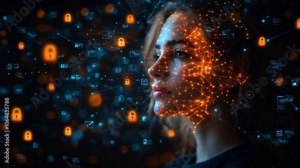 Fototapeta Person enabling social media privacy settings surrounded glowing security icons and encrypted connections for a safe online experience