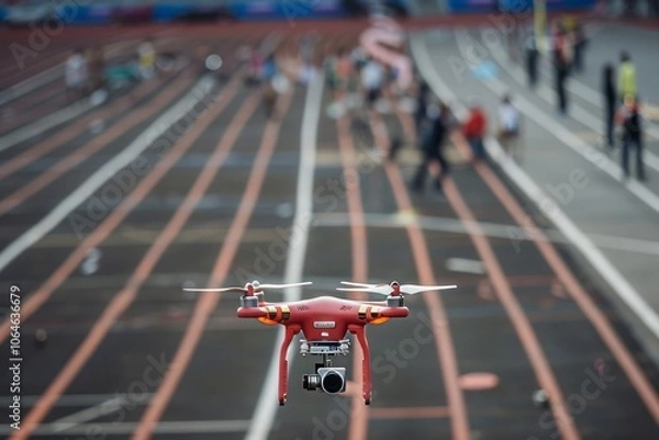 Fototapeta Birds-eye view of a sports event captured by drones on International Drone Day