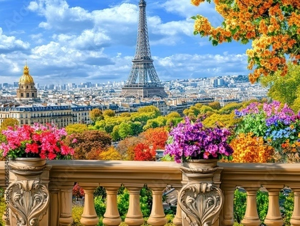 Fototapeta Scenic view of the Eiffel Tower surrounded by vibrant autumn foliage and colorful flowers.