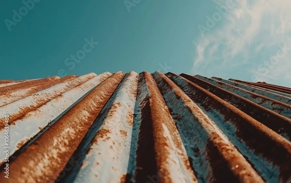 Fototapeta Low-angle shot of corrugated metal roof with rust patches, bright sky, showcasing the character and texture of aged materials in an outdoor setting