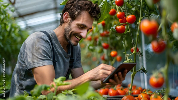 Fototapeta Smiling man using tablet while examining tomato in greenhouse