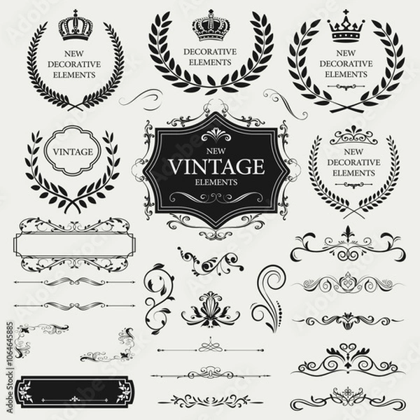 Fototapeta A set of vintage typographic decorative ornaments, design elements. Laurel wreaths, frames and badges, luxurious fancy logo symbols, elegant calligraphic curls, ornate vignettes.