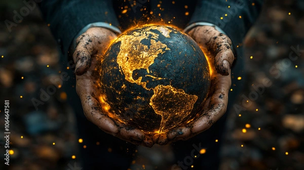 Obraz Executive cradling a luminous Earth globe, representing the misplaced confidence in economic power, materialism, and the illusion of progress through GDP and the relentless pursuit of profit