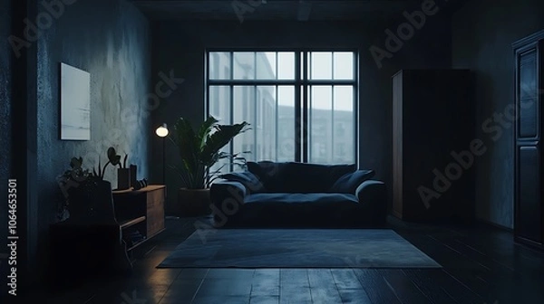 Fototapeta Modern Apartment Interior with Large Window and Sofa