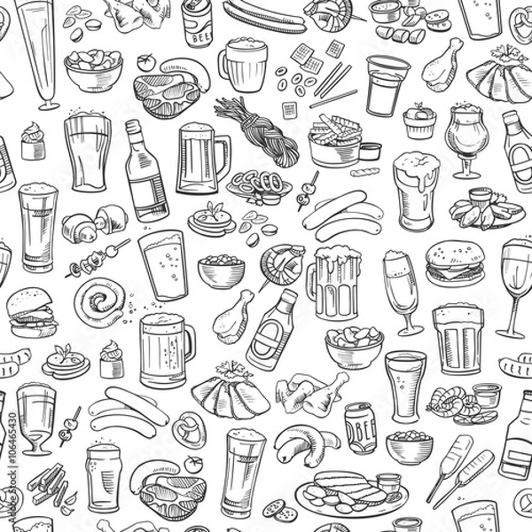 Fototapeta sketchy beer and snacks, seamless background