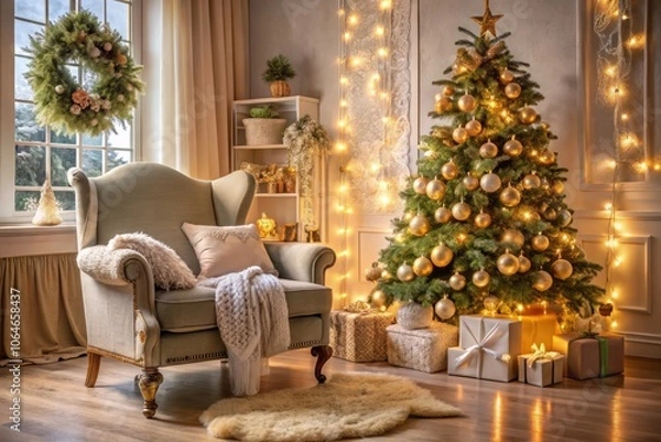Fototapeta Beautifully Decorated Holiday Room Featuring a Christmas Tree, Cozy White Chair with a Soft Knitted Blanket and Cushions to Create a Warm Festive Atmosphere