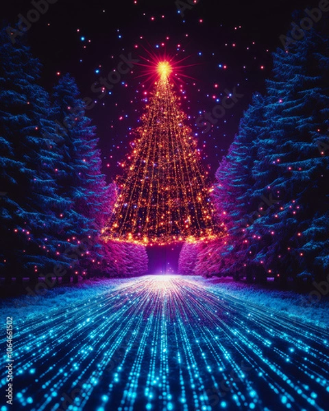 Fototapeta Neon Cyber Cityscape with Futuristic Data Streams