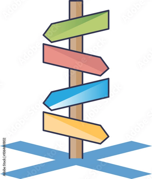 Fototapeta A blank crossroads signpost with four directional arrows against a clear background, symbolizing choice and decision-making.