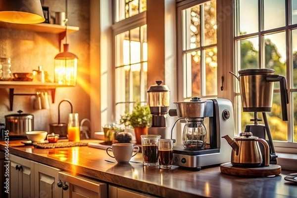 Fototapeta Bright and Airy Room with Household Appliances Showcasing Macro Photography Details of Kitchen Utensils, Modern Appliances, and Natural Light Streaming Through a Large Window