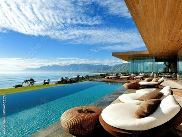 Fototapeta Modern villa with an infinity pool overlooking mountains and ocean under a blue sky.