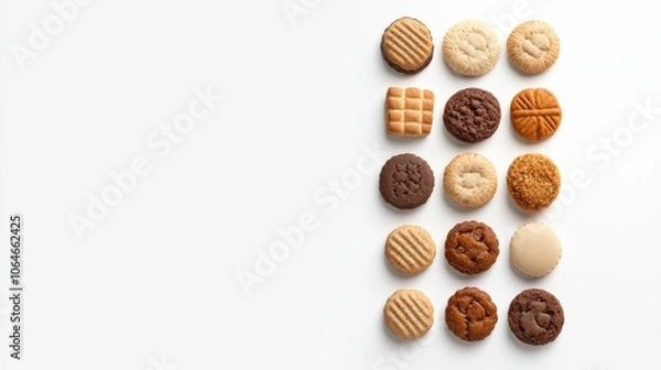 Fototapeta Isolated dog biscuits displayed in a creative arrangement on a white background, highlighting their vibrant colors and various textures, suitable for commercial use in pet product marketing