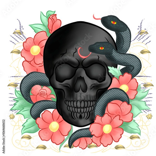 Obraz Skull with snake and flower