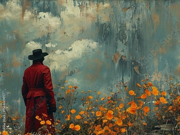 Fototapeta Man in Red Coat Standing in a Field of Flowers
