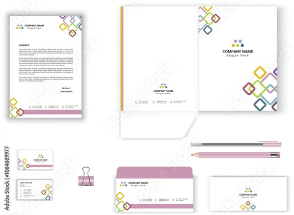 Fototapeta stationery set for business office vector design with letterhead, envelope, presentation folder, business card geometrical design stationary set