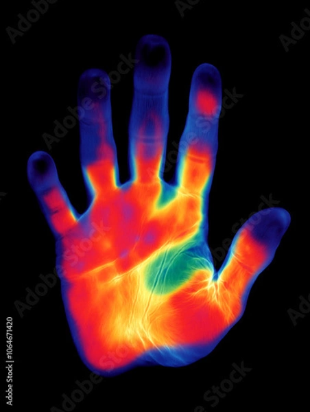 Obraz infrared thermographic hand. thermal handprint isolated. hand heat map. hand digital scanner. thermal hand. palm heat map. hand thermal map. Digital identification. Isolated.