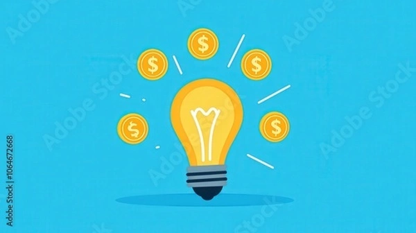 Fototapeta Glowing light bulb with dollar coins symbolizing a profitable idea concept for financial success.