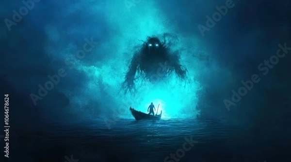 Fototapeta Creature of the deep emerging from the ocean representing a horror and fantasy concept.
