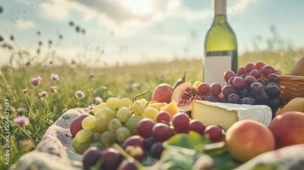 Fototapeta A sunny picnic spread with fresh fruits, cheese, and wine bottle in a vibrant field during late afternoon in nature