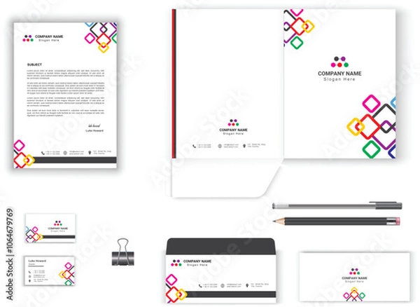 Fototapeta stationery set for business office vector design with letterhead, envelope, presentation folder, business card geometrical design stationary set