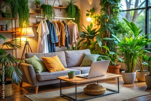 Fototapeta Cozy Home Interior Featuring a Laptop on a Sofa Surrounded by Indoor Plants and a Stylish Clothes Rack in a Warm and Inviting Living Space