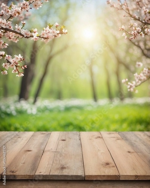 Fototapeta Spring landscape on empty wooden table background, for product placement and advertising, space for text