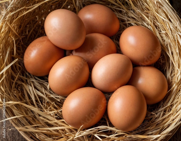 Fototapeta Pile of raw brown chicken eggs in straw